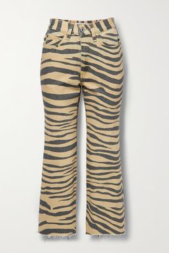 Net Sustain 70s Cropped Frayed Tiger-print High-rise Flared Jeans - Tan