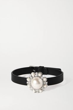 Leather, Faux Pearl And Crystal Choker - Black