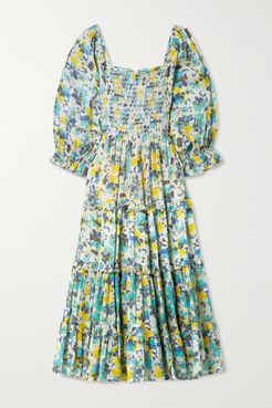 Capri Tiered Shirred Floral-print Cotton-voile Midi Dress - Jade