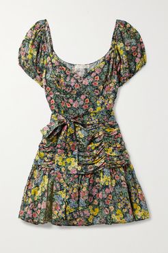 Ambrette Belted Ruched Floral-print Sateen Mini Dress - Black
