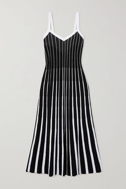 Tie-back Striped Ribbed Cotton Midi Dress - Black