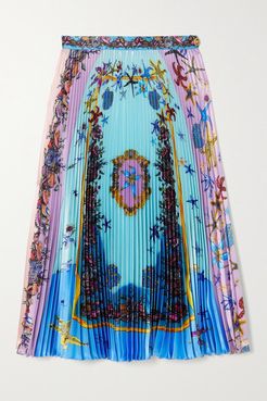 Pleated Printed Satin Midi Skirt - Blue