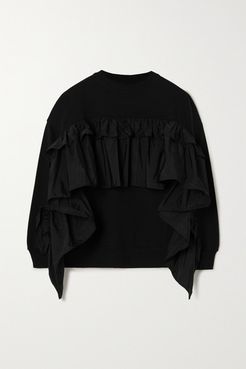 Ruffled Taffeta-trimmed Cotton-blend Jersey Sweatshirt - Black
