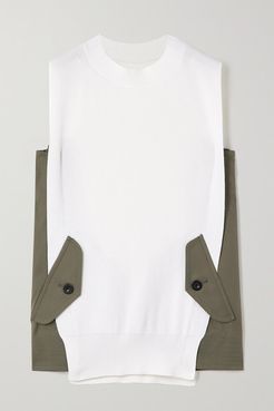 Paneled Knitted And Cotton-blend Gabardine Sweater - Off-white