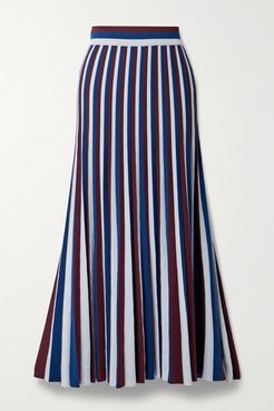 Pleated Striped Merino Wool Maxi Skirt - Navy