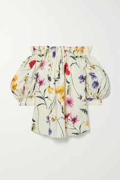 Off-the-shoulder Gathered Floral-print Cotton-blend Poplin Blouse - Ivory