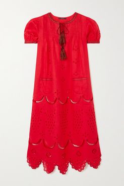 Veronica Tasseled Embroidered Broderie Anglaise Linen Midi Dress