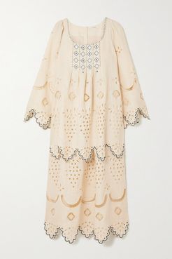 Florence Embroidered Broderie Anglaise Linen Midi Dress - Beige