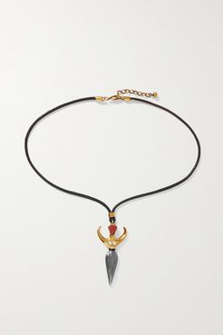 Femininities Palladium, Gold-tone, Leather, Faux Pearl And Enamel Necklace