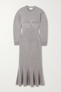 Pleated Paneled Mélange Wool-blend Midi Dress - Gray