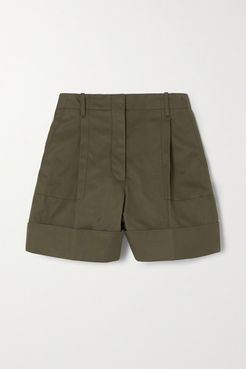 Pleated Cotton-drill Shorts - Green