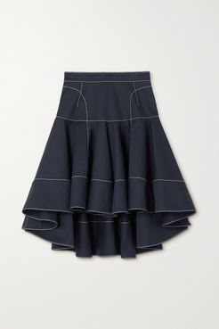 Ruffled Topstitched Cotton-gabardine Skirt - Navy