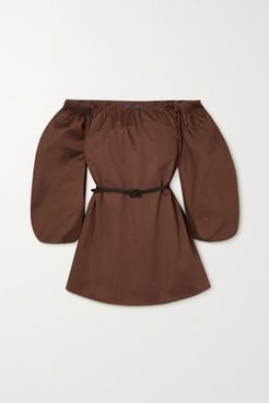 Off-the-shoulder Belted Cotton-poplin Mini Dress - Brown