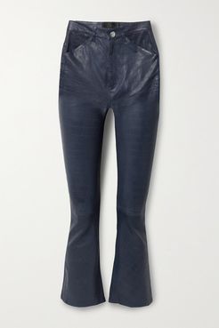 Cropped Croc-effect Leather Flared Pants - Midnight blue