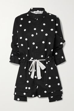Tie-detailed Polka-dot Cotton Playsuit - Black