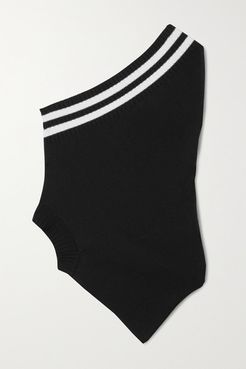 One-shoulder Asymmetric Striped Merino Wool-blend Top - Black