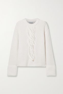 Faux Pearl-embellished Cable-knit Merino Wool Sweater - Ivory