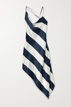 Open-back Asymmetric Striped Silk-blend Satin Dress - Midnight blue