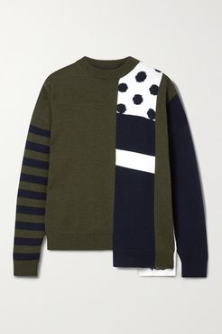 Patchwork Intarsia Merino Wool Sweater - Army green