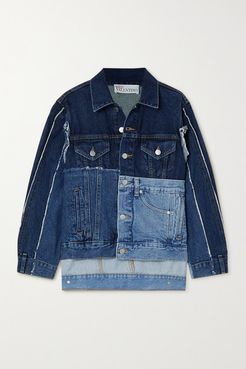 Frayed Patchwork Denim Jacket - Blue