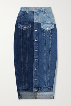 Frayed Patchwork Denim Midi Skirt - Blue