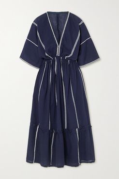 Net Sustain Nunu Gathered Embroidered Cotton-gauze Midi Dress - Navy