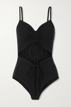 Tie-detailed Ruched Cutout Swimsuit - Black