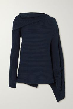 Draped Ribbed Cotton-blend Sweater - Navy