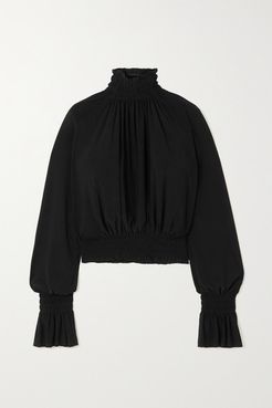 Shirred Stretch-jersey Turtleneck Top - Black