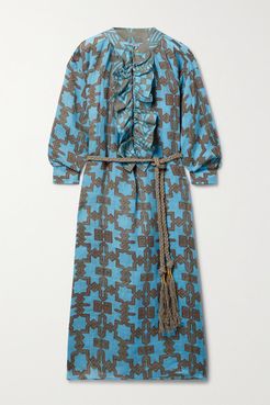 Belted Ruffled Printed Linen Midi Dress - Blue