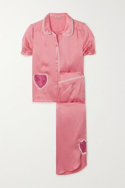 Lovie And Margo Appliquéd Lace-trimmed Hammered Silk-charmeuse Pajama Set - Pink