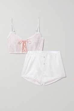 Hartley Martine Lace-up Broderie Anglaise Cotton And Woven Pajama Set - White
