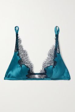Silk-satin And Chantilly Lace Soft-cup Triangle Bra - Teal