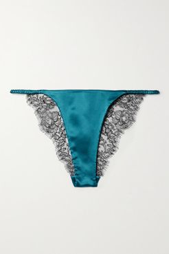 Silk-satin And Chantilly Lace Briefs - Teal