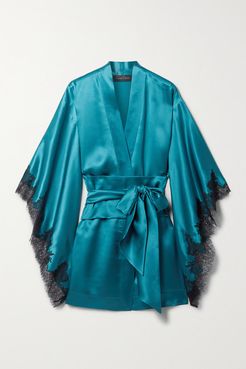 Belted Silk-satin And Chantilly Lace Robe - Teal