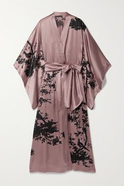 Belted Printed Silk-satin Robe - Antique rose