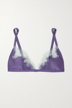 Silk-satin And Chantilly Lace Soft-cup Triangle Bra - Lilac