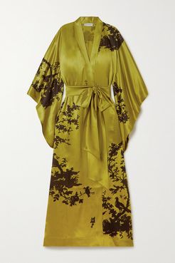 Belted Printed Silk-satin Robe - Green