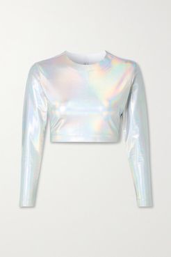 Cropped Iridescent Coated Stretch-jersey Top - Silver
