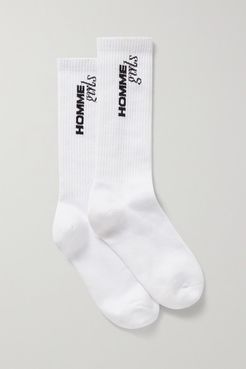 Intarsia Ribbed Stretch Cotton-blend Socks - White