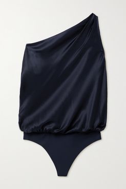 The Darby One-shoulder Silk-charmeuse And Stretch-jersey Thong Bodysuit - Navy