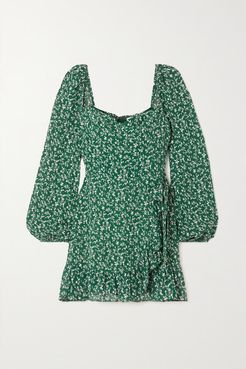 Net Sustain Cammi Wrap-effect Ruffled Floral-print Georgette Mini Dress - Dark green