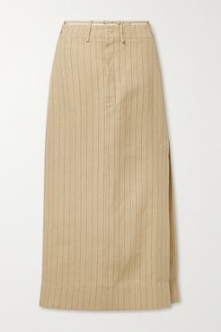 Terraio Cutout Pinstriped Linen Maxi Skirt - Sand