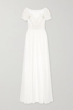 Open-back Embellished Crocheted Tulle And Silk-chiffon Gown - White
