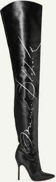 Manolo Blahnik Printed Satin Thigh Boots - Black
