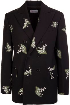 Black Double-breasted Blazer With Leaf Embroidery