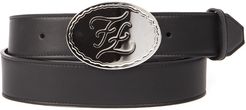 Embossed Logo Buckle Black Leather Belt