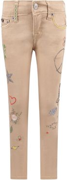 Beige Jeans For Girl With Colorful Prints And Writing