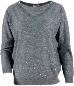 V-neck Long-sleeved Sweater In Cashmere, Silk And Hemp With Brilliant Yarn