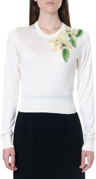 White Silk Sweater With Floral Decoration
